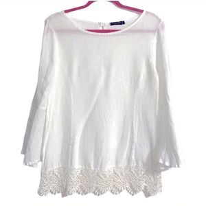 Lungo L’arno Linen Top Bell Sleeve White Crochet Lace Trim Size M